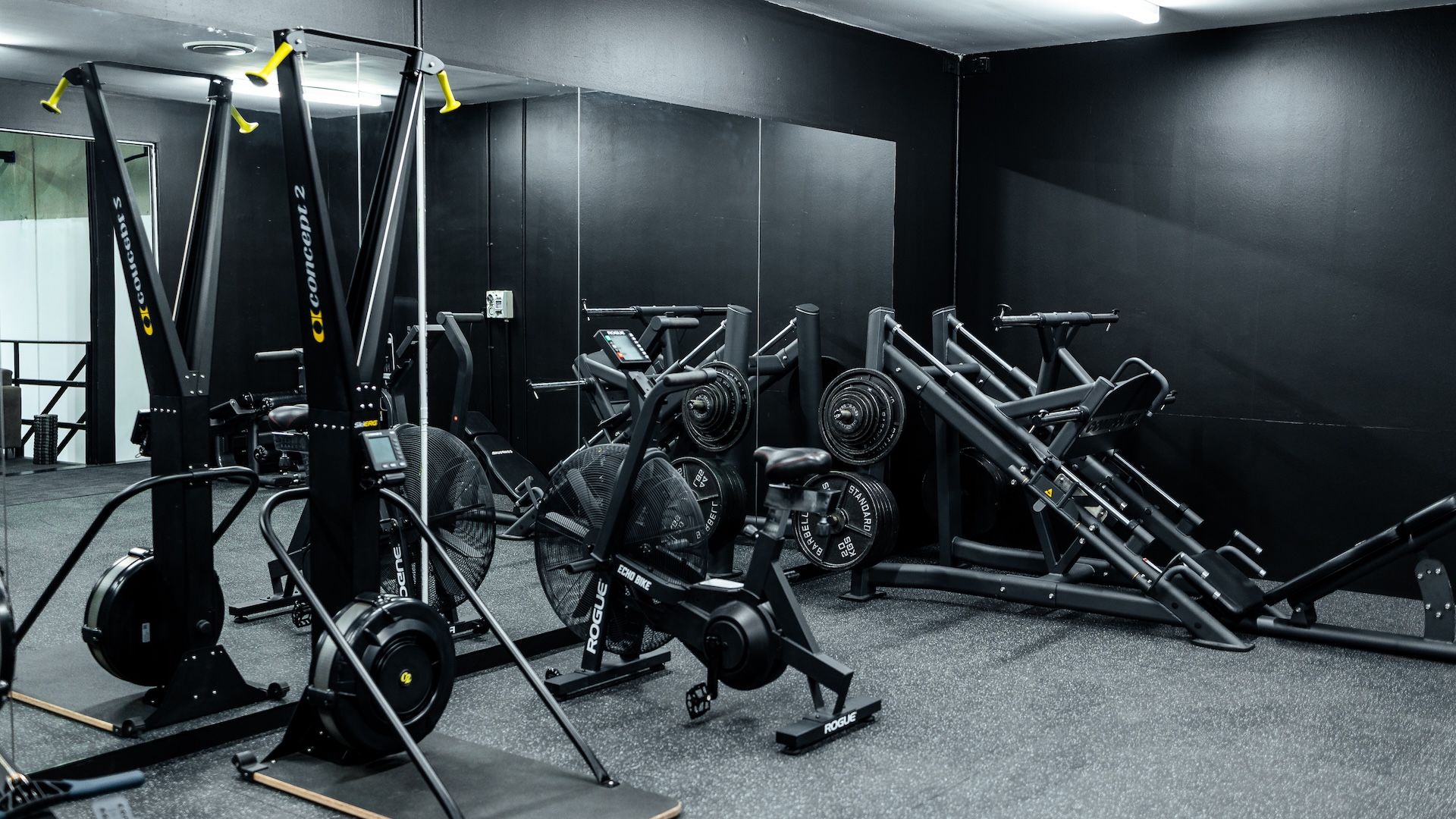 Cardio zone with SkiErgs, Rogue Echo bikes and leg press machines at Habitat Gym in Western Sydney