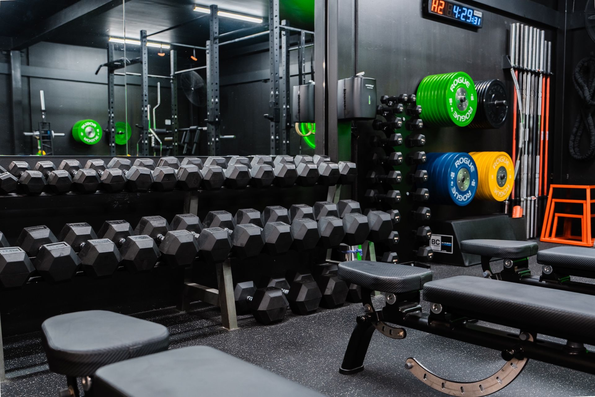 Free weights lined up alongside lifting platforms in Habitat Gym's strength training zone