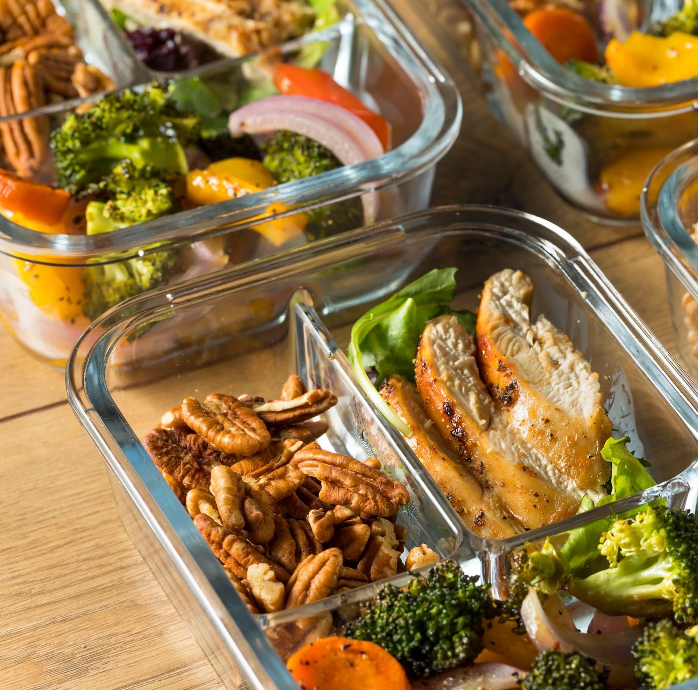 Close up of meal prep foods in containers