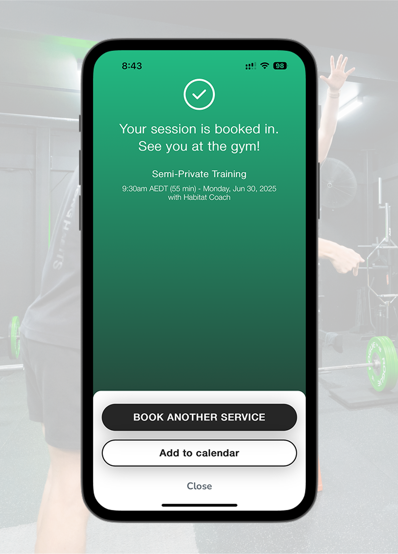 iPhone screen showing semi-private training session booked in through the Habitat gym application