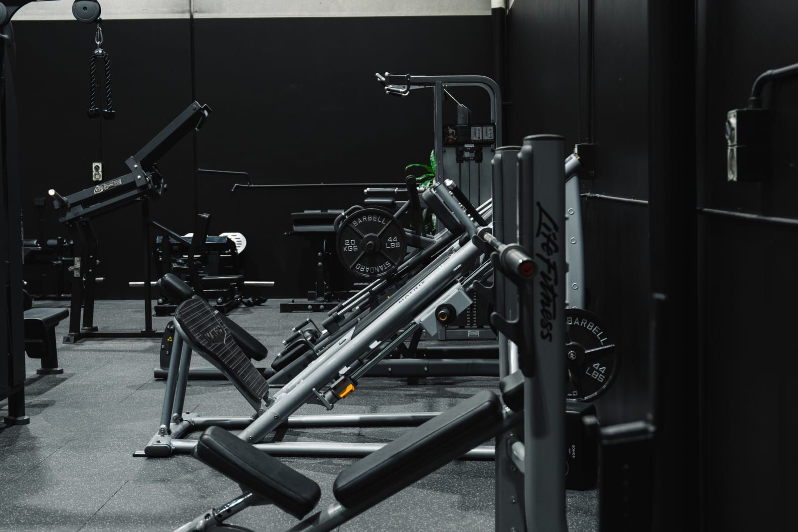 Life Fitness plate-loaded machines and weight trees in a moody corner of the strength zone
